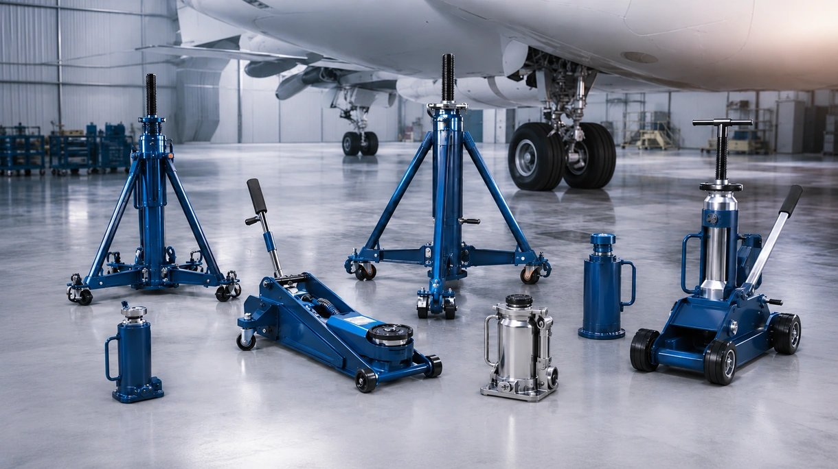Técnicos profissionais a posicionar um macaco hidráulico de tripé de alta resistência sob a fuselagem de uma aeronave num hangar aeroespacial moderno.