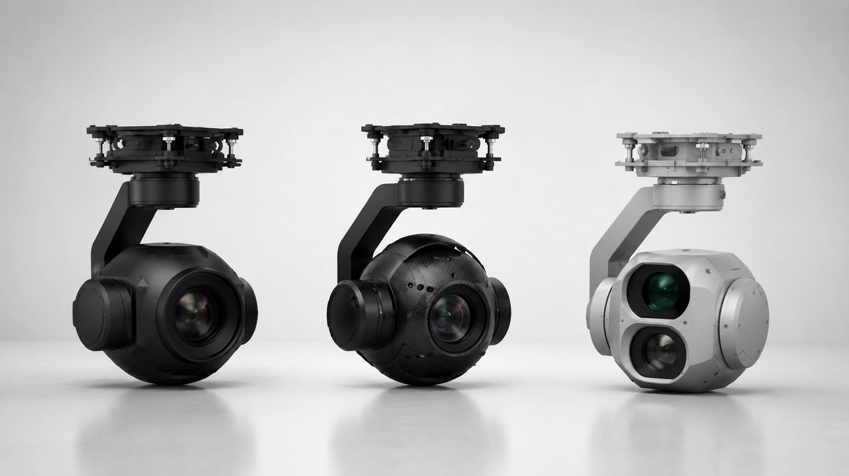 Gimbal de 2 eixos profissional montado num drone de vigilância de asa fixa durante uma missão de patrulha de segurança a alta altitude.