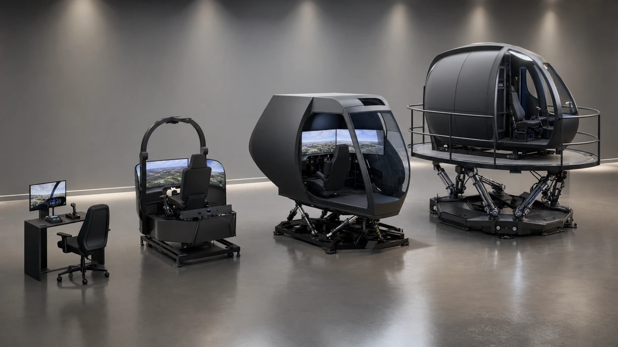 Treino de pilotos profissionais no cockpit de um simulador de helicóptero de movimento total com ecrãs visuais de alta resolução e controlos de voo duplos.