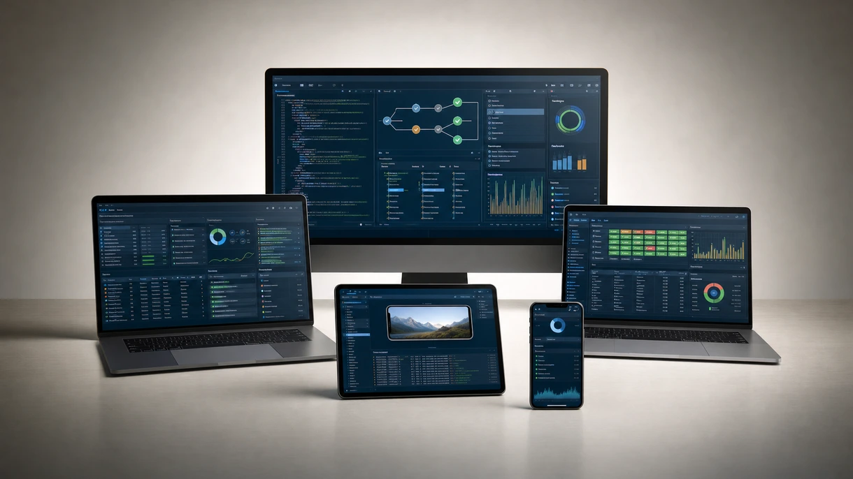 Engenheiro a monitorizar dados de controlo de voo em tempo real num software de teste profissional dentro de um hangar aeronáutico de alta tecnologia.