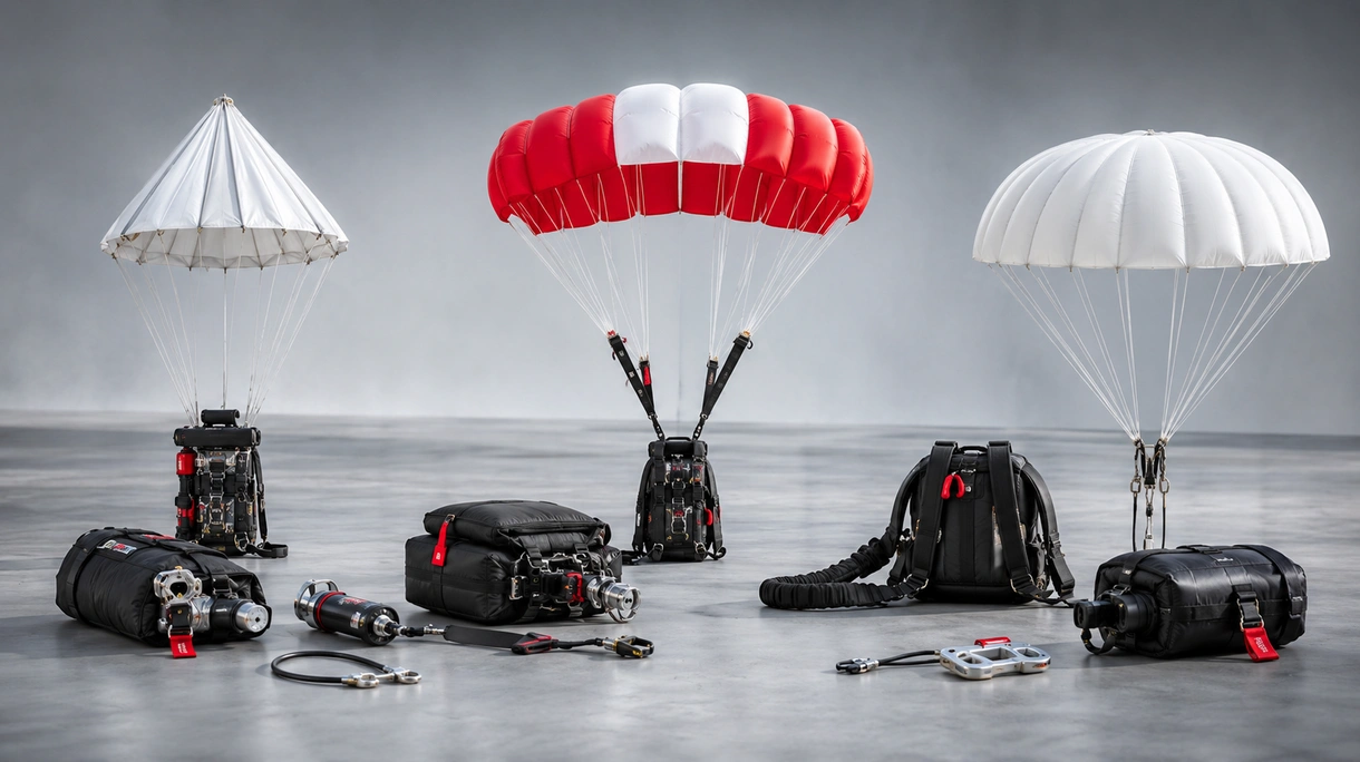 Paraquedas de recuperação balística acionado numa aeronave ligeira durante uma descida de emergência controlada sobre um campo de testes rural.