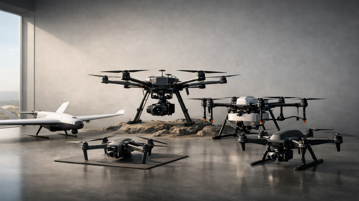 Drone profissional a realizar uma inspeção automatizada da integridade estrutural na fuselagem de uma grande aeronave comercial num hangar.