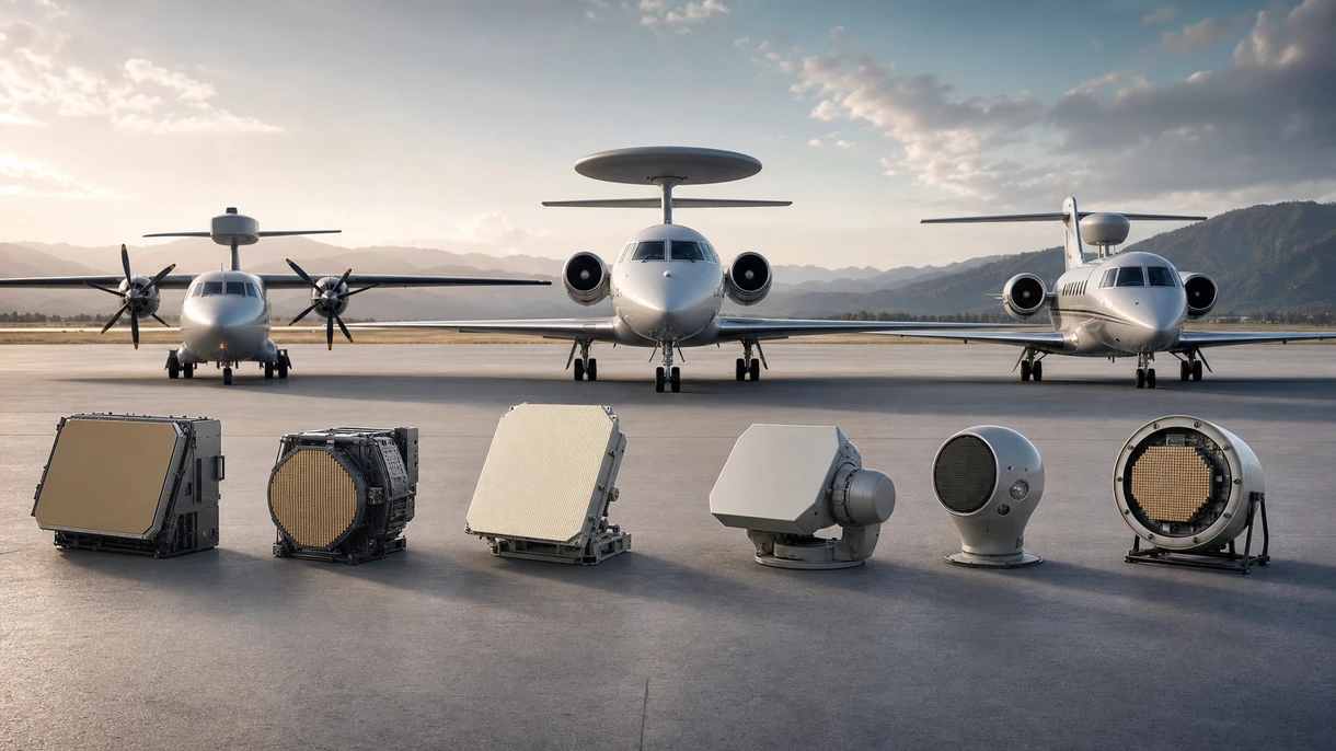 Sistema de radar aerotransportado multimodo instalado no radome frontal de um jato comercial de passageiros durante uma inspeção pré-voo.