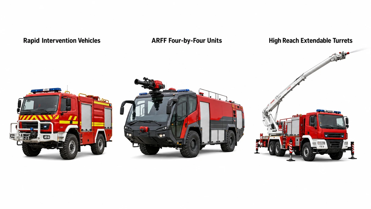 Grande plano técnico de um sistema de torre de tejadilho de alta pressão num veículo de combate a incêndios aeroportuário para aplicação de precisão de agentes.