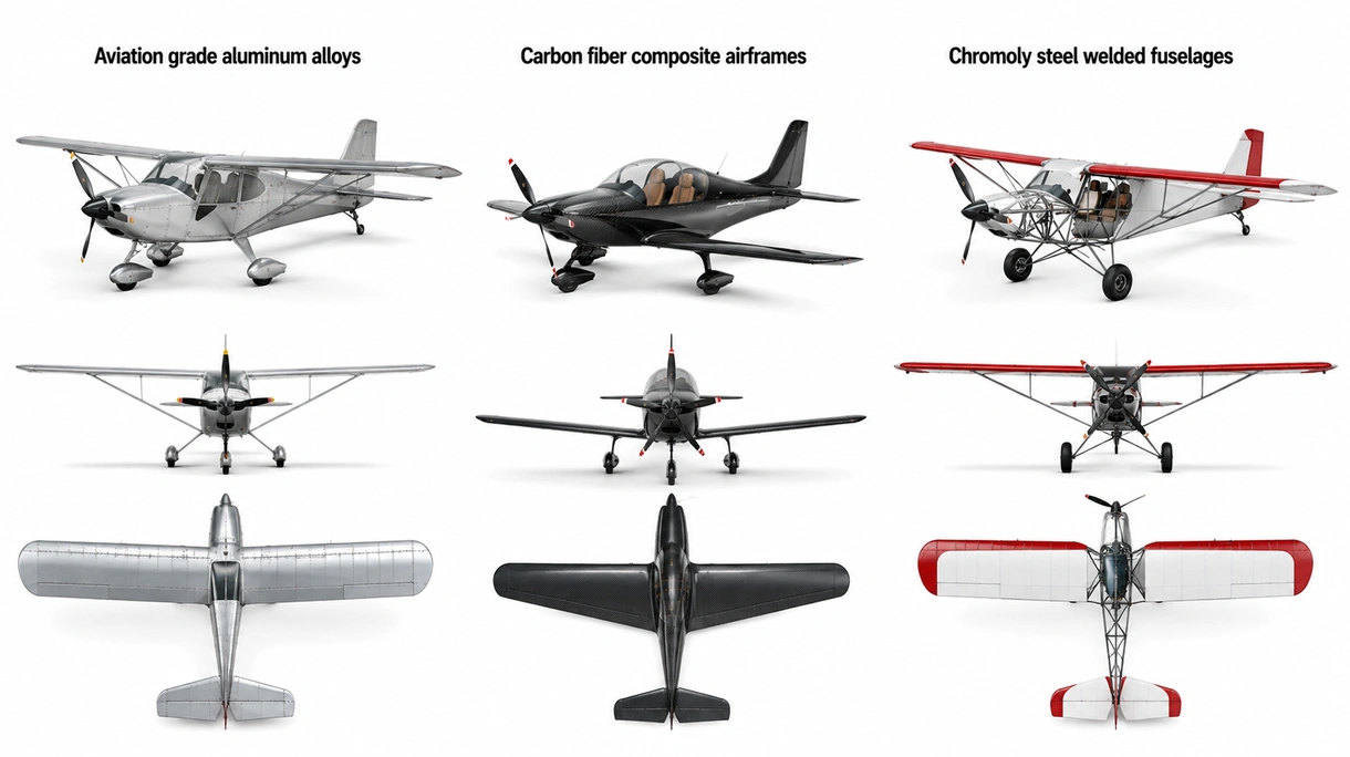 Grande plano detalhado de uma longarina de asa maquinada por CNC e fixadores de titânio, demonstrando a integridade estrutural de um kit de ULM.