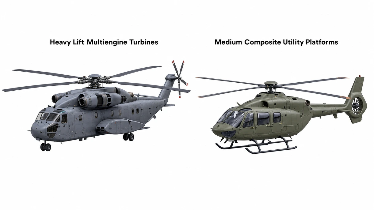 Grande plano técnico que mostra o conjunto do cubo do rotor principal e as bielas de controlo de passo num helicóptero de transporte moderno.