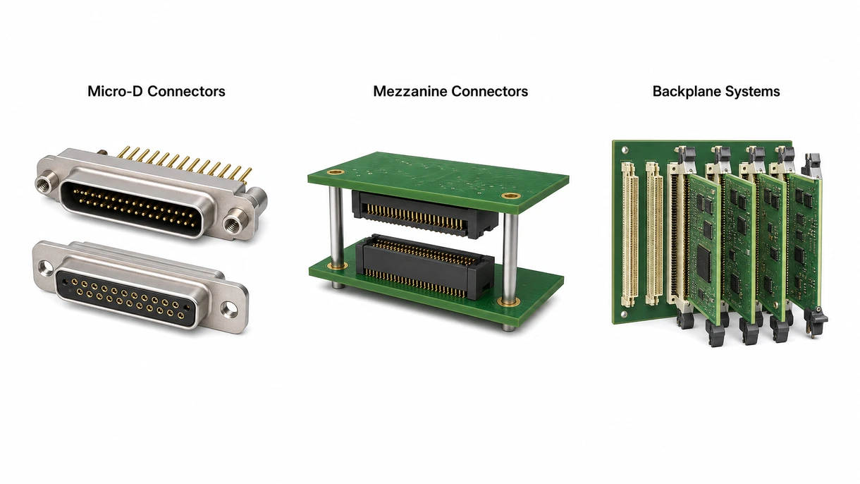 Vista macro de um conector de placa eletrônica micro-D aeroespacial de alta densidade, mostrando pinos banhados a ouro de engenharia de precisão e blindagem metálica robusta.