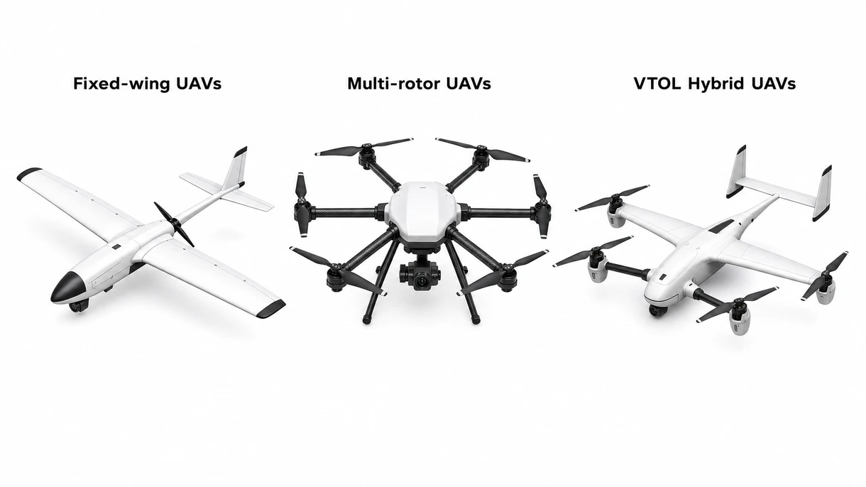 Grande plano detalhado de um sensor LiDAR de alta resolução e módulo Kinematic integrados na estrutura de fibra de carbono de um drone.
