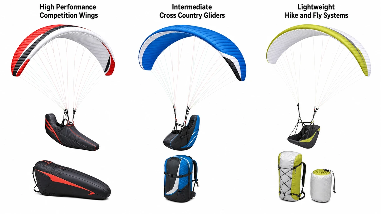 Grande plano do bordo de ataque de um parapente mostrando tecido ripstop de alta tenacidade e reforços internos de células cosidos com precisão.