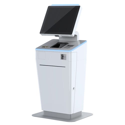 Totem de check-in com leitor de códigos de barras - V1 VELOCITYone - EMBROSS - com impressora / com leitor de passaportes / com sistema de pagamento com cartão