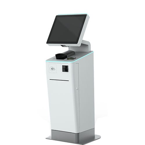 Totem de check-in com leitor de códigos de barras - V2 VELOCITYtwo - EMBROSS - com impressora / com leitor de passaportes / com sistema de pagamento com cartão